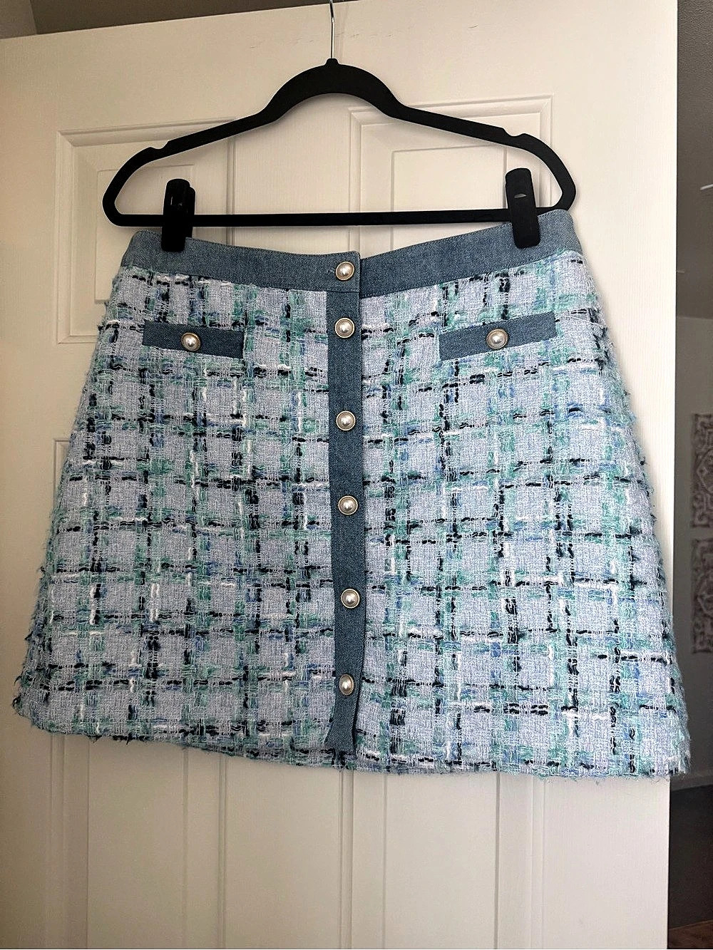 Nanette Lepore Tweed Mini Skirt with Pearl Buttons and Denim Trim